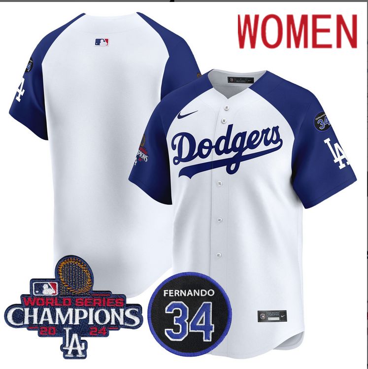 Women MLB Los Angeles Dodgers  blank white 2024 World Series Champions Patch Limited Jersey style 2